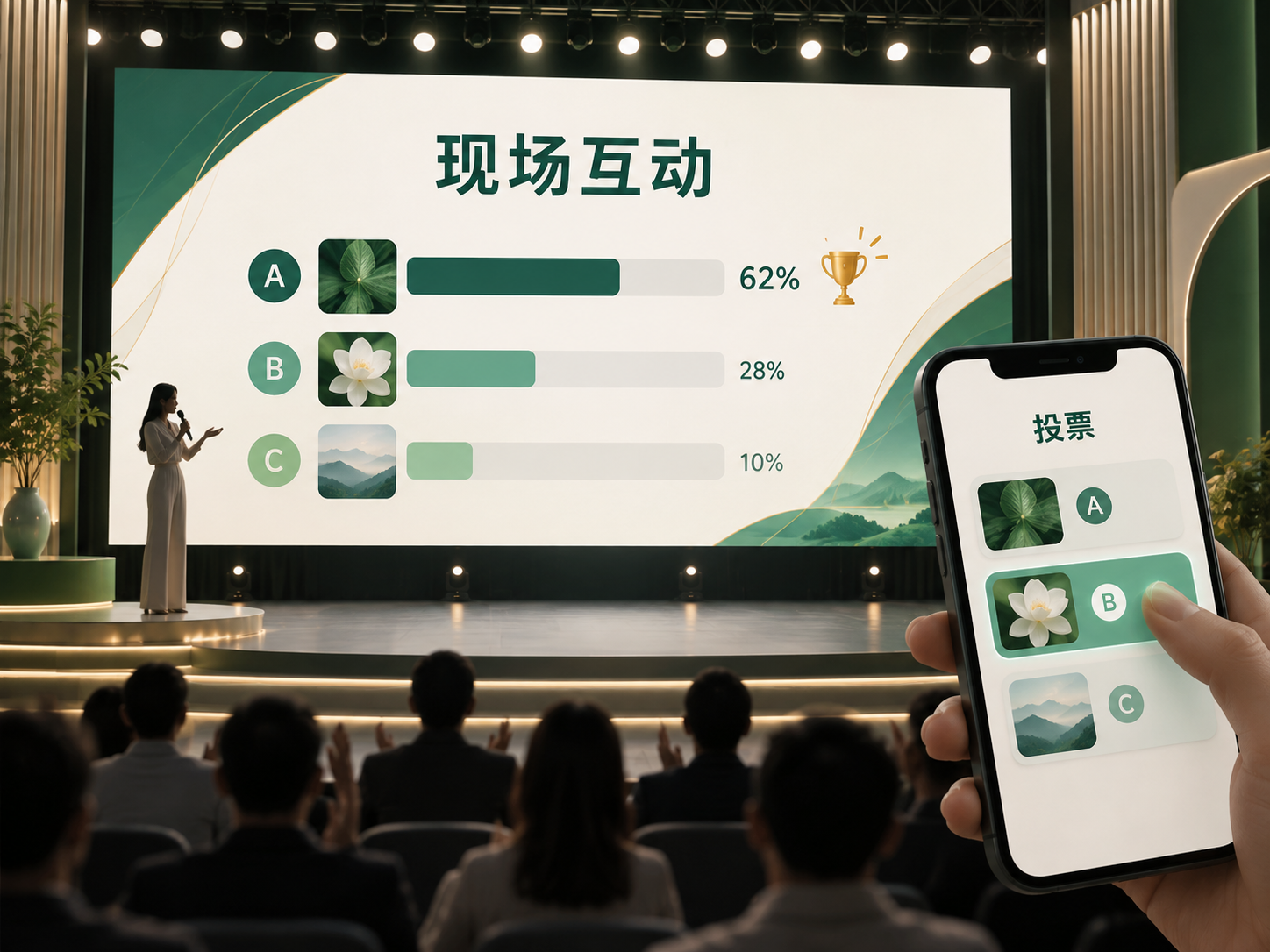 现场大屏展示投票结果，观众通过手机参与互动